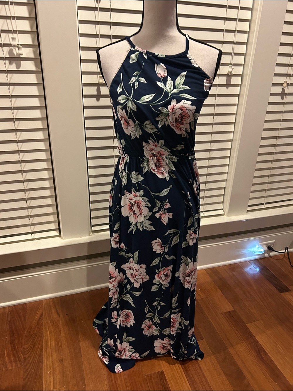 French Grey navy floral sleeveless halter-neck knit maxi dress size M